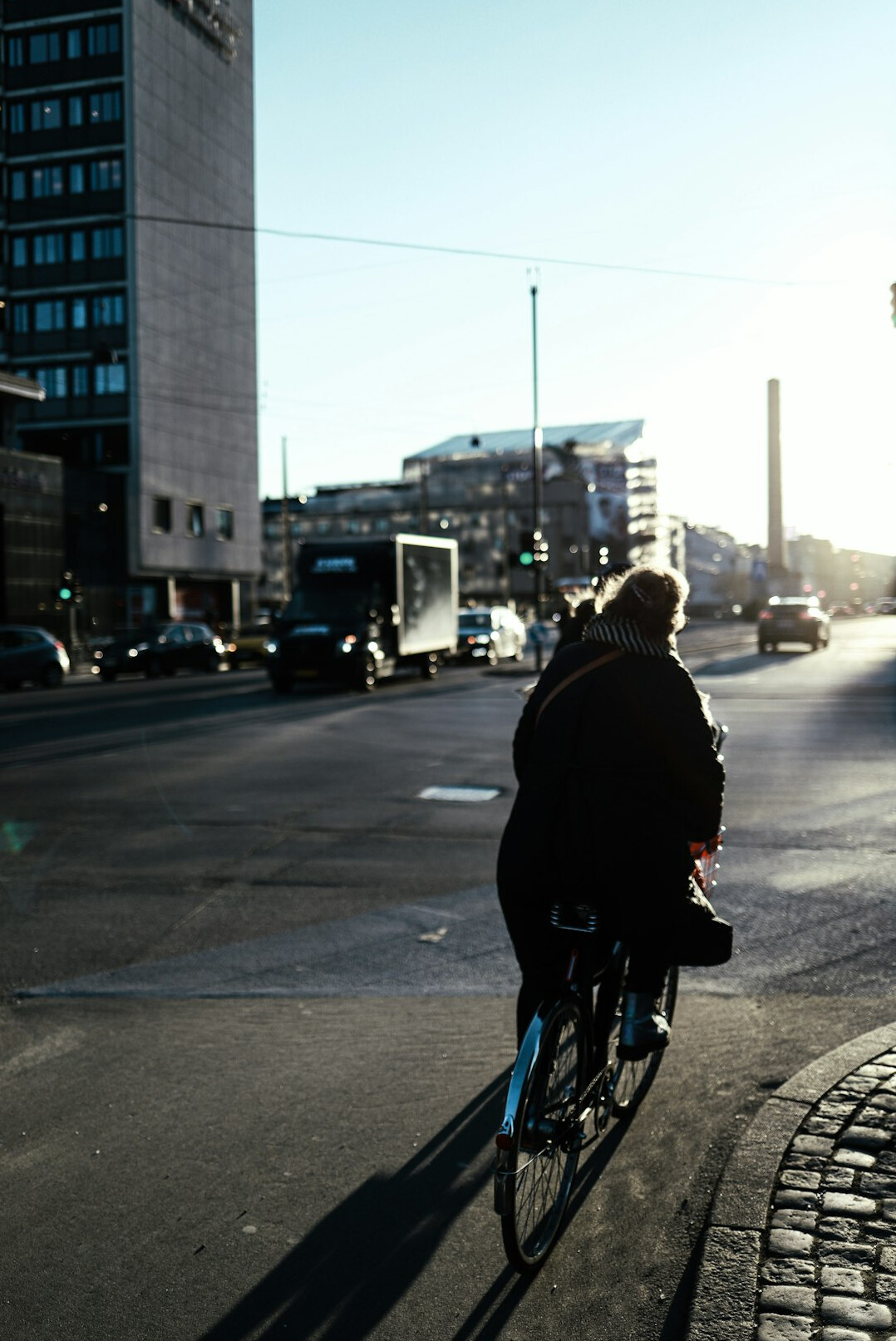 Danish commuter cycling on a bike lane in Copenhagen during morning rush hour